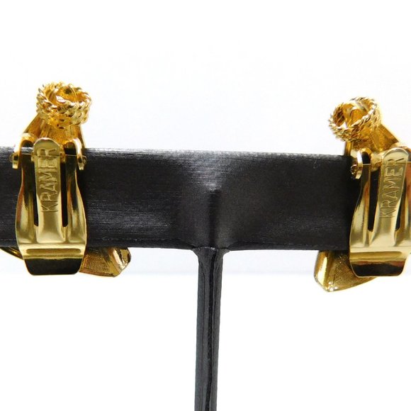 Signed Kramer Brushed Polished Gold Tone Earrings - Picture 5 of 5